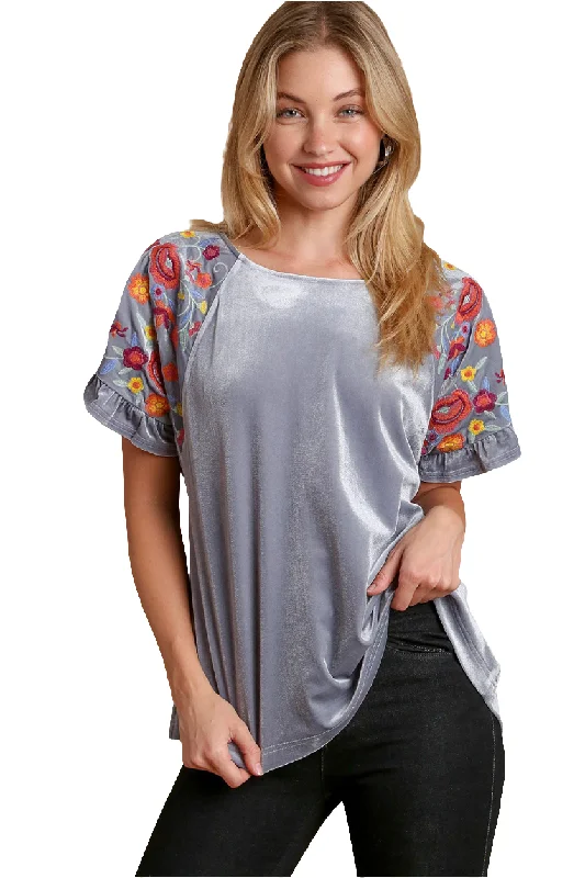 Umgee Velvet Embroidered Floral 70s Retro Shirt Ruffle Top Short Sleeve Blouse Ruffled Neck Blouse Umgee Velvet Embroidered Floral 70s Retro Shirt Ruffle Top Short Sleeve Blouse Ruffled Neck Blouse