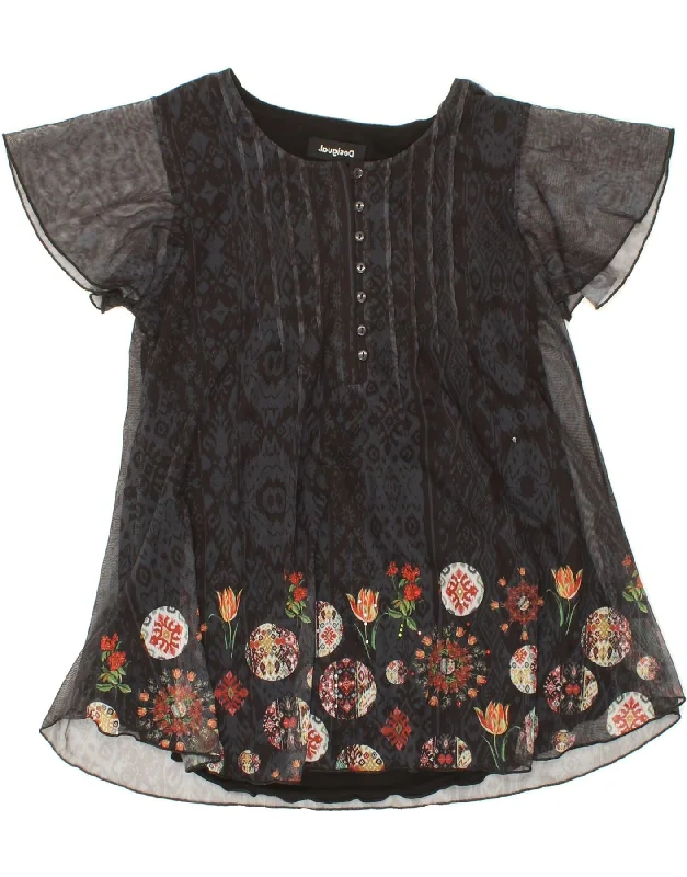 DESIGUAL Womens Blouse Top UK 12 Medium Black Ikat Polyester Classic White Blouse