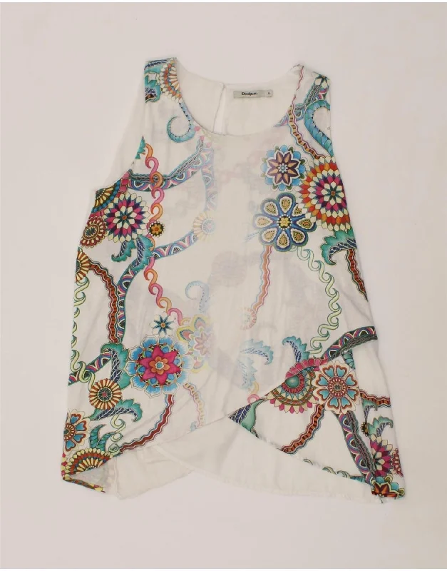 DESIGUAL Womens Sleeveless Blouse Top UK 12 Medium White Floral Puff Sleeve Blouse