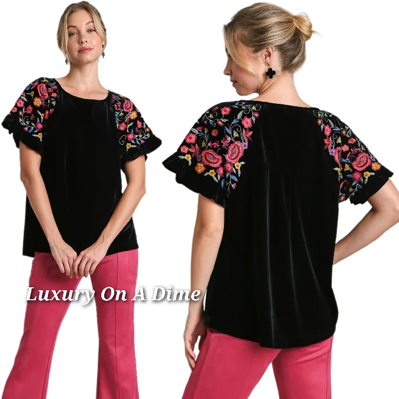 Umgee Velvet Embroidered Floral 70s Retro Shirt Ruffle Top Short Sleeve Blouse Stylish Wrap Blouse