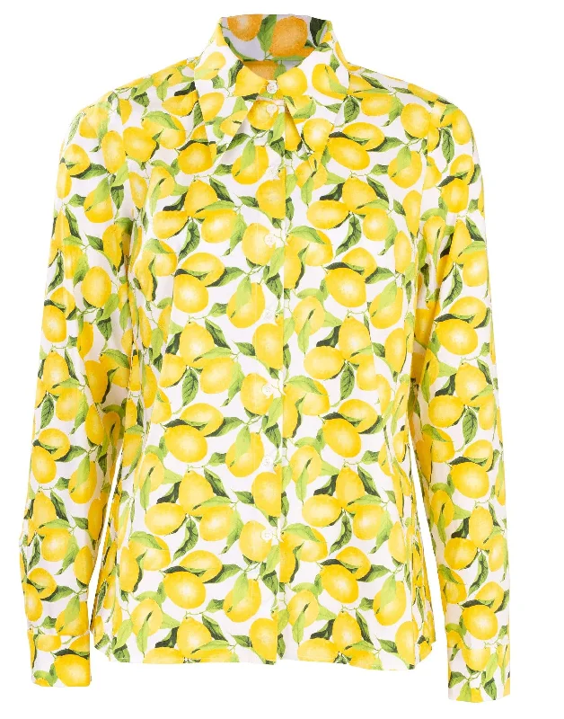 Lemon Print Button Down Blouse Asymmetric Hem Blouse