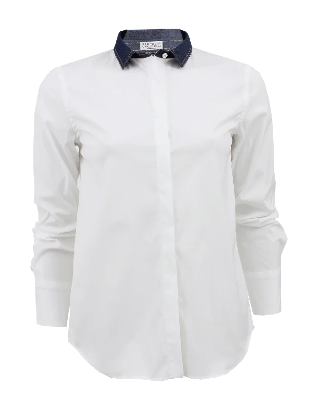 Long Sleeve Denim Collar Blouse Elegant Silk Blouse