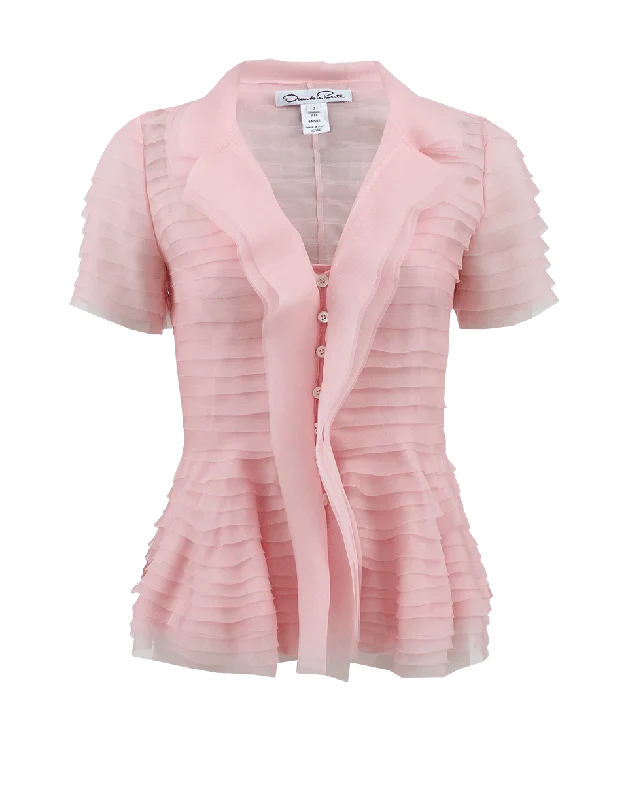 Short Sleeve V-Neck Organdy Blouse Delicate Bow Blouse