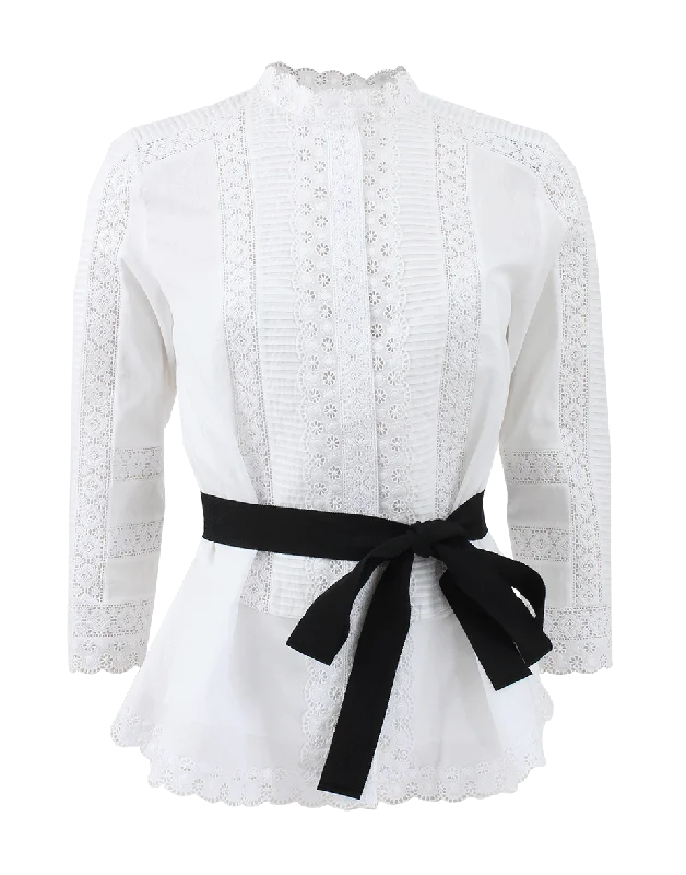 Three-Quarter Cotton Voile Back Tie Blouse Modern Work Blouse