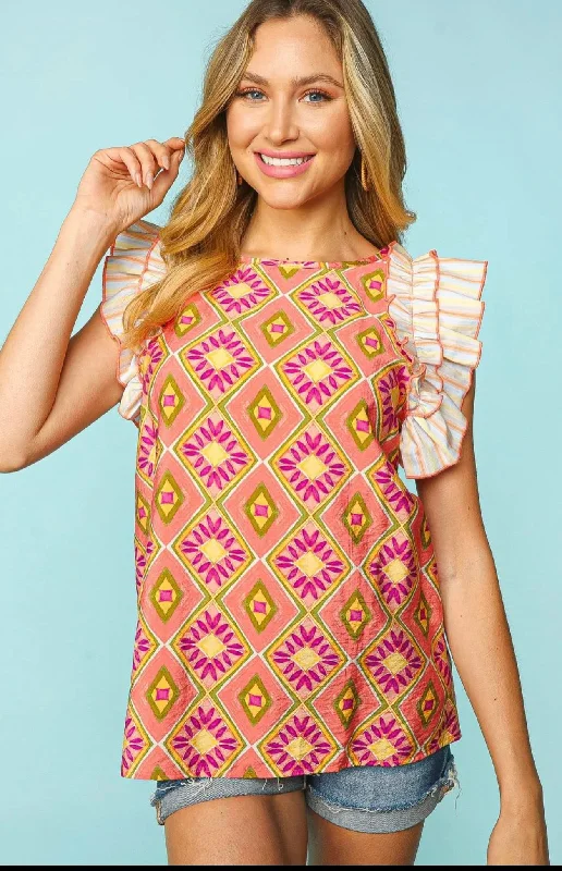 Plus Woven Abstract Blouse Delicate Pleat Blouse