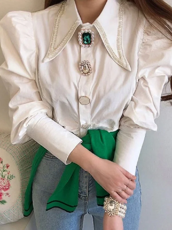 Wjczt Women Shirts French Vintage Blouse Spring Button Up Shirt Pointed Collar Long Puff Sleeve Pearl Button Slim White Tops Peter Pan Collar Blouse Wjczt Women Shirts French Vintage Blouse Spring Button Up Shirt Pointed Collar Long Puff Sleeve Pearl Button Slim White Tops Peter Pan Collar Blouse