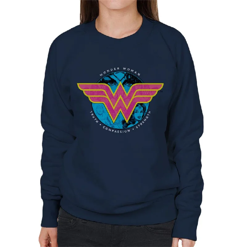 Wonder Woman Truth Compassion Strength Logo Women's Sweatshirt Hoodie with Mock Neck Collared Structured