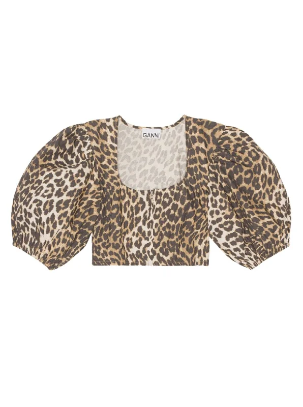 Printed Cotton Cropped Zipper Blouse / Big Leopard Almond Milk Backless Summer Blouse Printed Cotton Cropped Zipper Blouse / Big Leopard Almond Milk Backless Summer Blouse