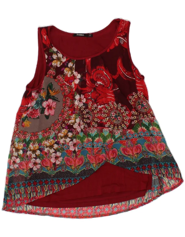 DESIGUAL Womens Sleeveless Blouse Top UK 6 XS Red Floral Peter Pan Blouse