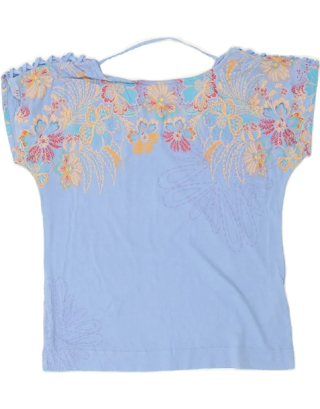 DESIGUAL Womens Blouse Top UK 10 Small Blue Floral Cotton Smart Business Blouse