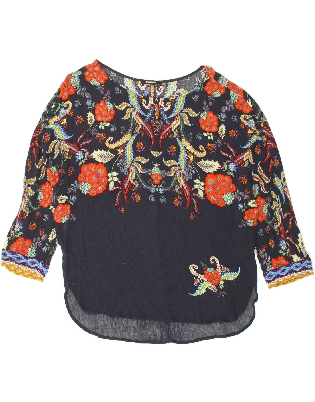 DESIGUAL Womens 3/4 Sleeve Blouse Top UK 16 Large Navy Blue Floral Chic Wrap Blouse