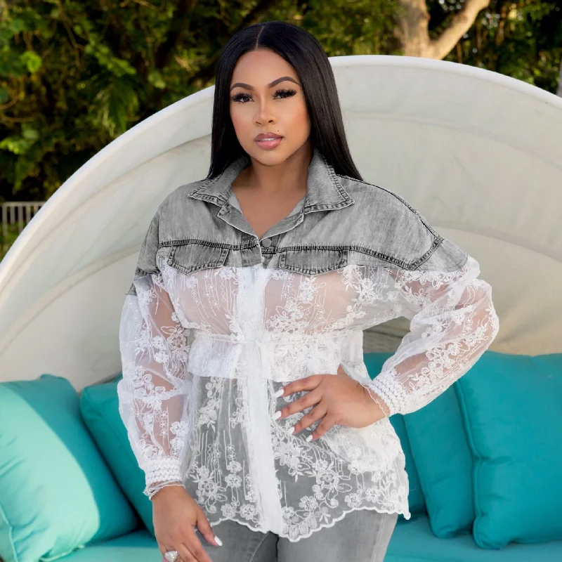 Women Fashion Sexy See-Through Lace Mesh Denim Patchwork Blouse Side Tie Blouse