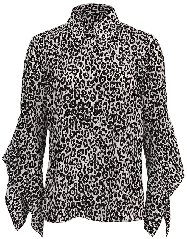 Leopard Silk Draped-Sleeve Blouse Ruched Sleeve Blouse