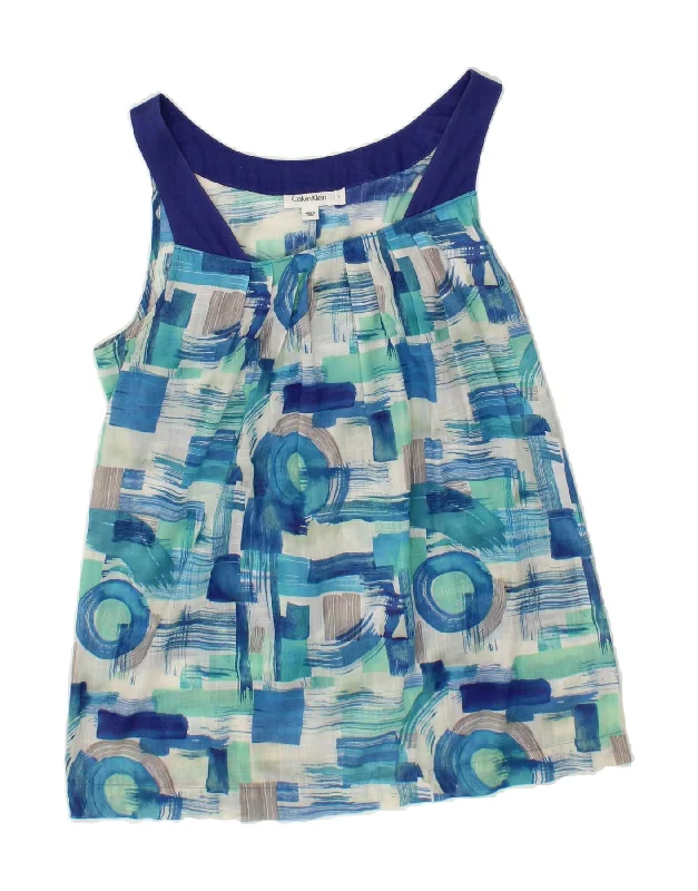 CALVIN KLEIN Womens Sleeveless Blouse Top UK 10 Small Blue Check Cotton Embroidered Floral Blouse CALVIN KLEIN Womens Sleeveless Blouse Top UK 10 Small Blue Check Cotton Embroidered Floral Blouse