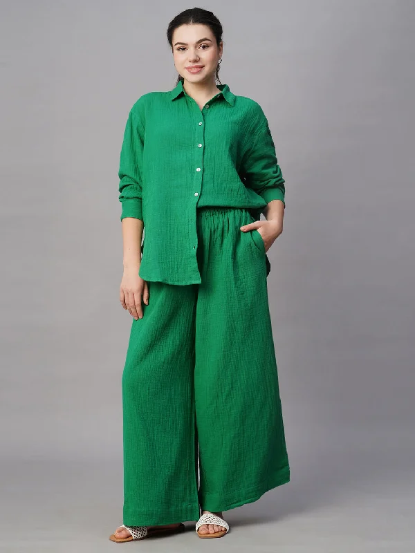 Women's Green Cotton Boxy Fit Blouse Vintage Polka Blouse