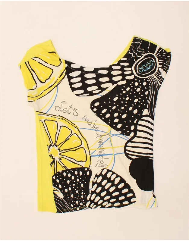 DESIGUAL Womens Graphic Blouse Top UK 14 Medium Yellow Colourblock Vintage Polka Blouse