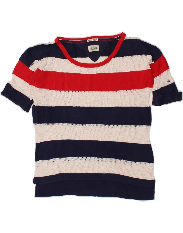 TOMMY HILFIGER Womens Blouse Top UK 6 XS Navy Blue Striped Elegant Lace Blouse