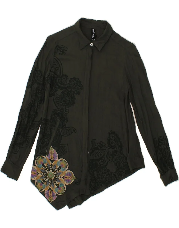 DESIGUAL Womens Asymmetric Shirt Blouse UK 6 XS Khaki Floral Viscose Soft Modal Blouse DESIGUAL Womens Asymmetric Shirt Blouse UK 6 XS Khaki Floral Viscose Soft Modal Blouse