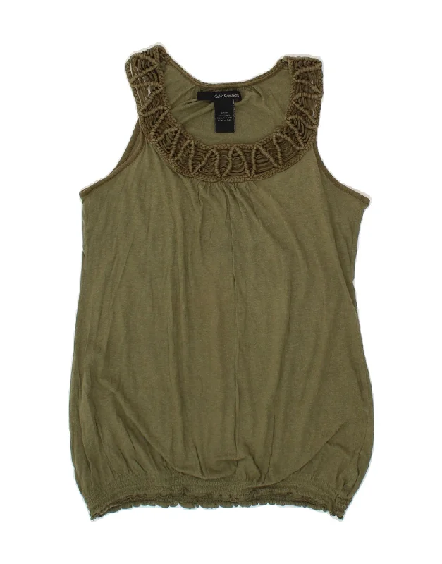 CALVIN KLEIN Womens Sleeveless Blouse Top UK 10 Small Green Cotton Feminine Ruffle Blouse CALVIN KLEIN Womens Sleeveless Blouse Top UK 10 Small Green Cotton Feminine Ruffle Blouse