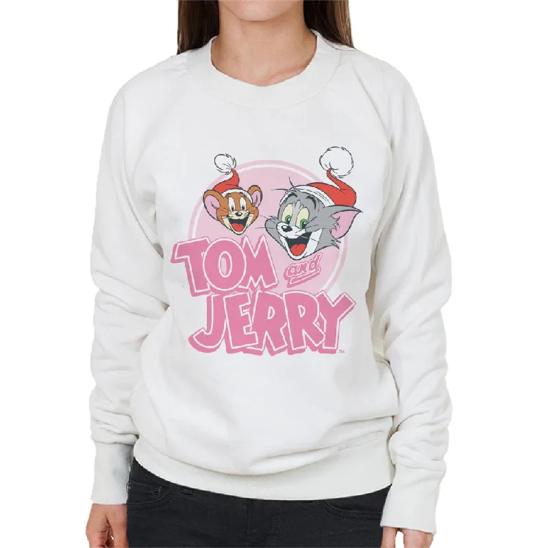Tom and Jerry Christmas Wearing Festive Hats Women's Sweatshirt Hoodie with Hem Embroidery Detailed Premium