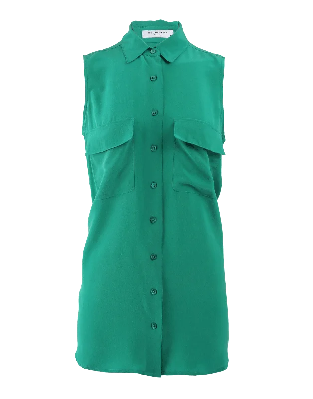 Sleeveless Button Front Two Pocket Blouse Elegant Silk Blouse