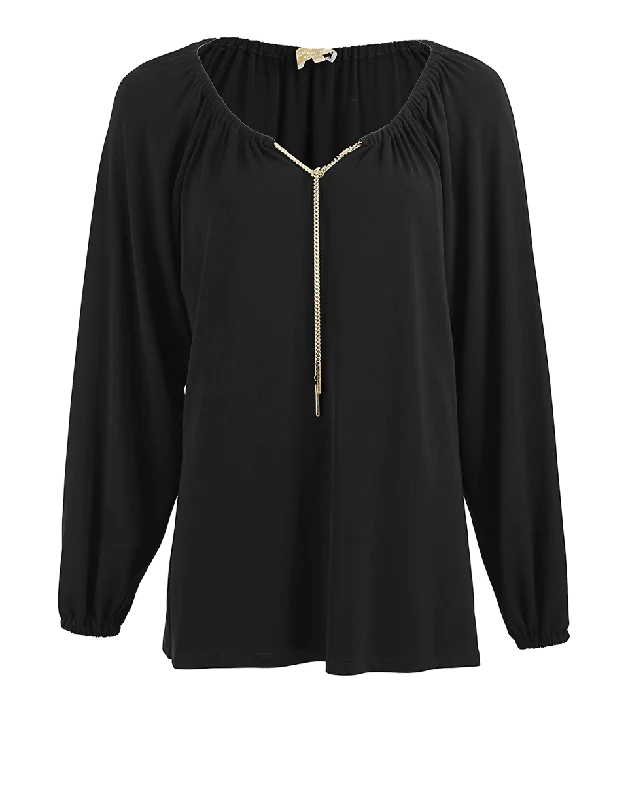 Chain Peasant Blouse Elegant Semi-Sheer Blouse