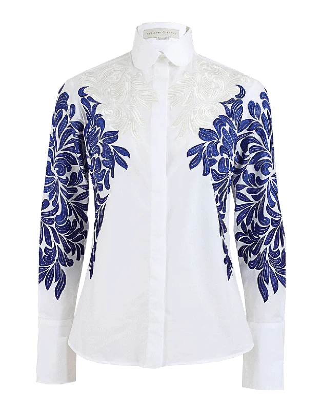 Embroidered Hidden Button Blouse Modern Work Blouse