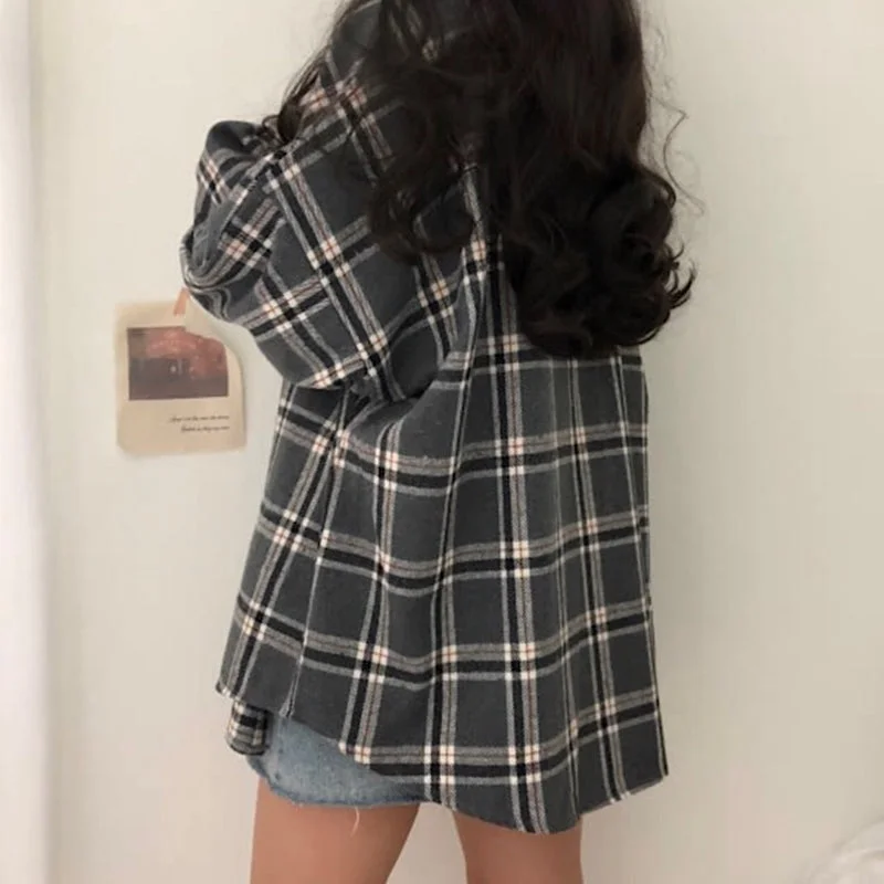 Wjczt  Flannel Oversized Shirt Long Sleeve Collared Boyfriend Plaid Blouse Fall Winter Women's Blouses & Shirts * Casual Stripe Blouse