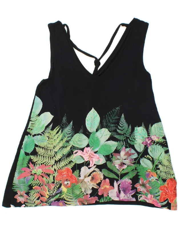 DESIGUAL Womens Sleeveless Blouse Top UK 14 Large Black Floral Cotton Smart Business Blouse DESIGUAL Womens Sleeveless Blouse Top UK 14 Large Black Floral Cotton Smart Business Blouse