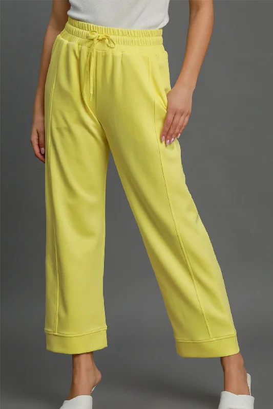 Umgee Drawstring Elastic Waist Wide Leg Pants In Yellow Trendy Wide-Legged Trousers