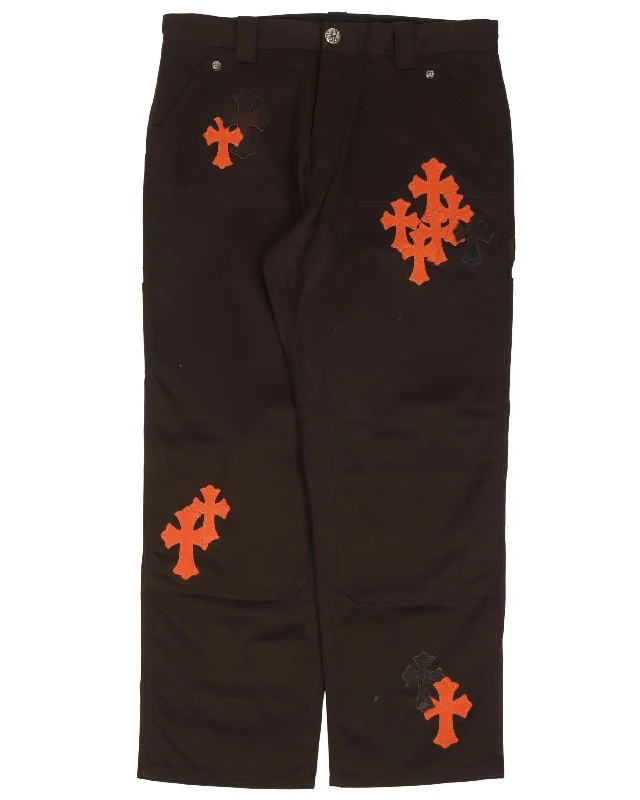 Leather Cross Carpenter Double Knee Pants Trendy High-Waist Trousers