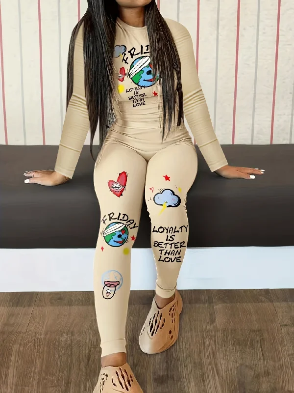 two-piece Graffiti Print Casual Set - Women's Crew Neck Long Sleeve Tops & High Waist Long Length Pants Outfits Slim-Fit Leggings