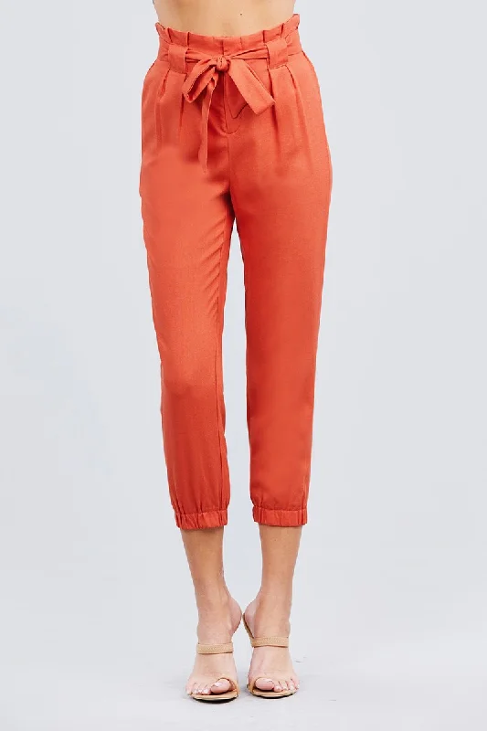 Paperbag W/bow Tie Elastic Hem Long Linen Pants Comfy Athletic Pants