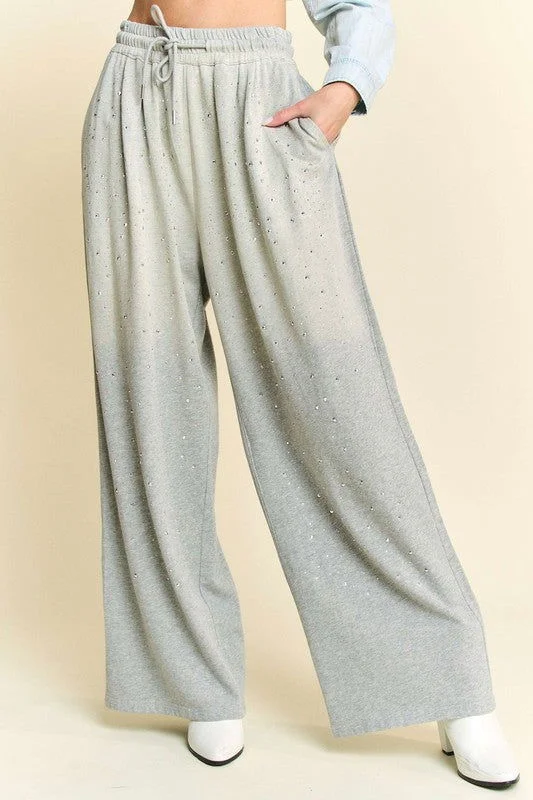 Davi & Dani Rhinestone Drawstring Wide Leg Pants Fashionable Track Pants
