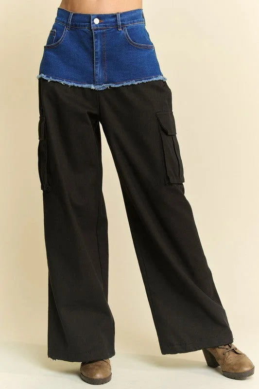 Davi & Dani Denim Patchwork Wide Leg Pants with Cargo Pockets Modern Skinny Pants
