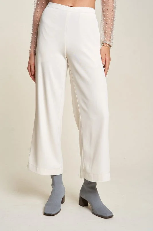 Davi & Dani Wide Leg Mid-Rise Pants In Cream Comfortable Jogger Trousers