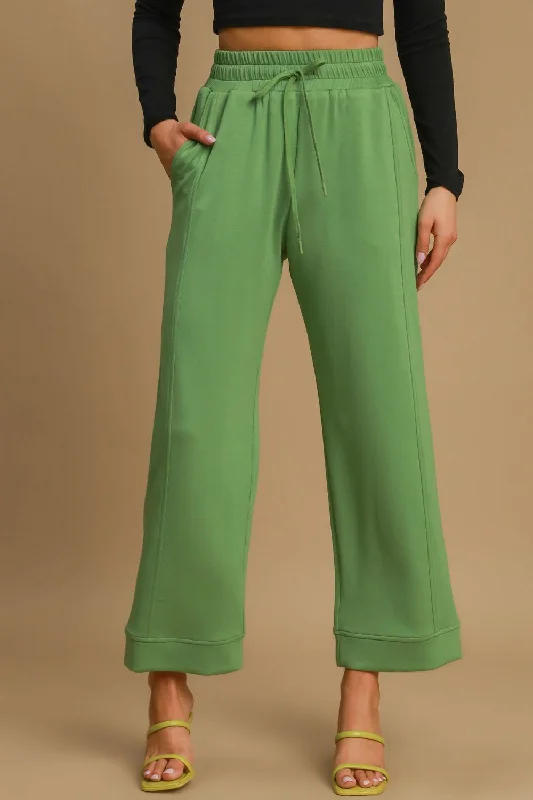 Umgee Drawstring Wide Leg Pants with Pockets In Green Trendy Work Pants