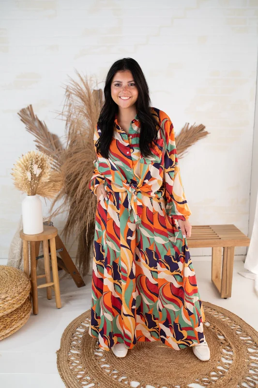 Vibrant Print Mirabelle Satin Pants Formal Wide-Leg Pants
