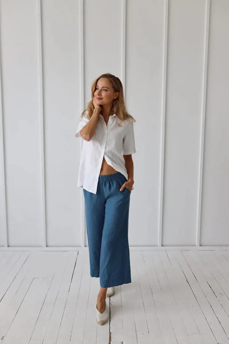 PRE-ORDER Linen Capri Pants by Odalux Classic Pleated Pants
