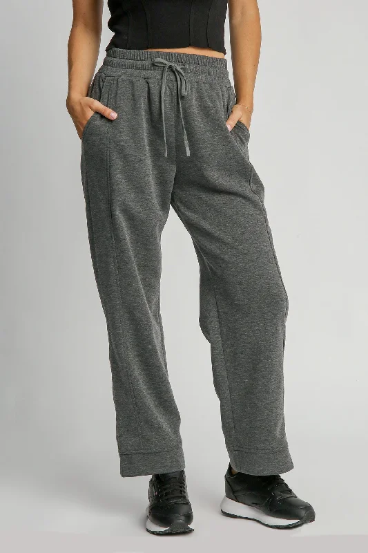 Umgee Full Size Drawstring Wide Leg Pants with Pockets In Gray Cozy Full-Length Pants