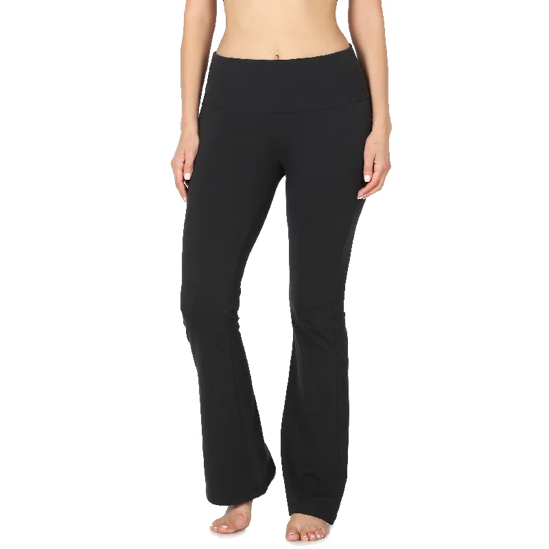Zenana Womens Premium Cotton Fold Over Flare Yoga Pants Relaxed High-Waist Trousers