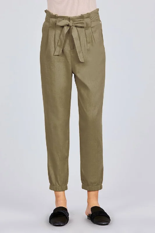 Paperbag W/bow Tie Elastic Hem Long Linen Pants Relaxed Fit Trousers