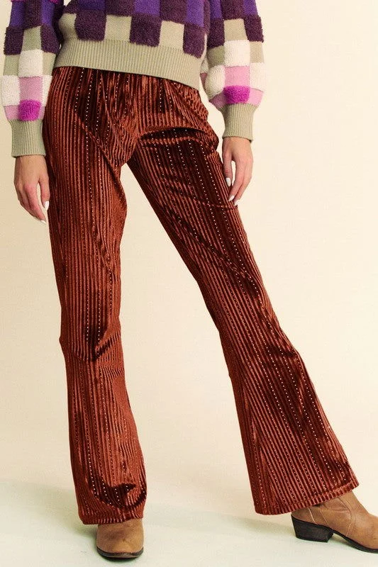 Davi & Dani Elastic Waist Knit Flare Pants In Rust Formal Linen Trousers