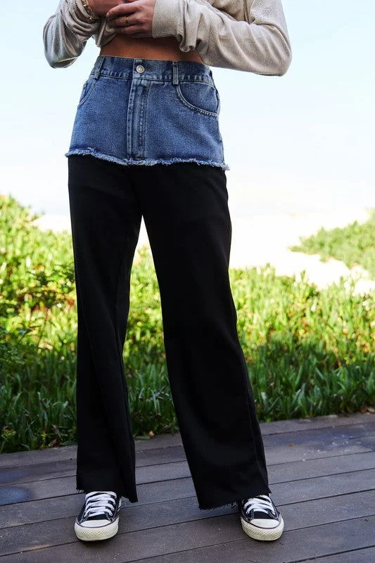 Davi & Dani Raw Hem Denim Patchwork Wide Leg Pants Lightweight Jogger Pants