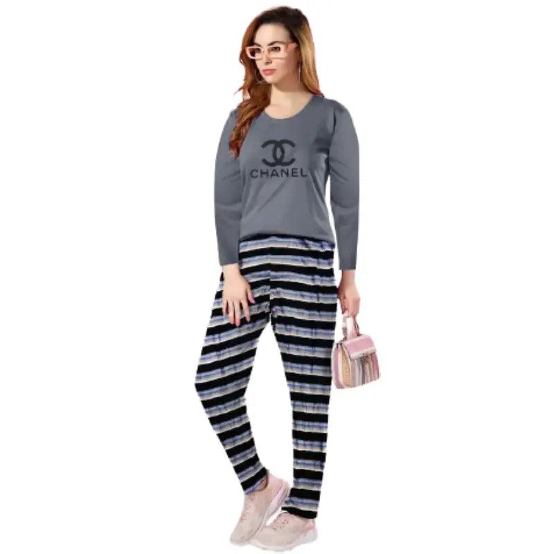 Women's Print Long Sleeve Loosey Goosey Tee & Pajama Pants Set in Snowy Stripe Fashionable Button-Up Pants