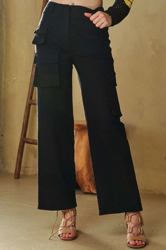 Davi & Dani Flap Pocket Mid Rise Cargo Pants In Black Modern Stretch Trousers