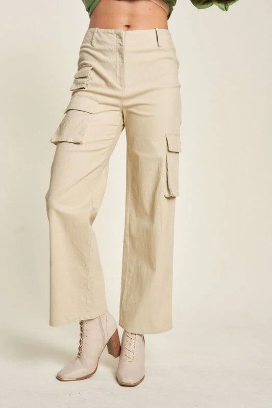 Davi & Dani Flap Pocket Mid Rise Cargo Pants In Khaki Elegant Silk Pants