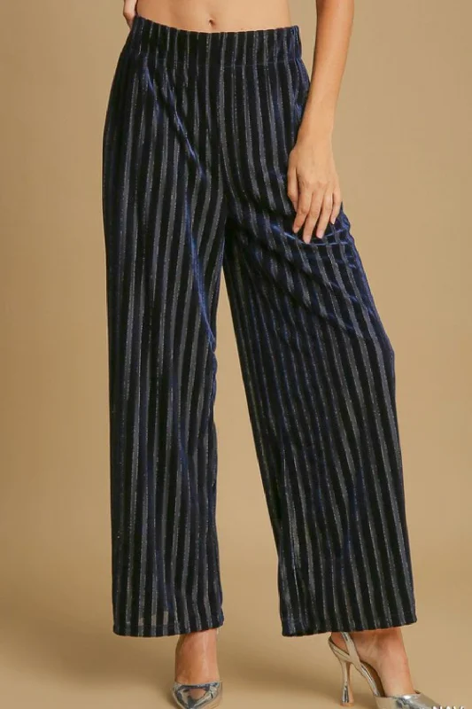 Umgee Elastic Waist Striped Wide Leg Velvet Pants In Navy Soft Cotton Pants
