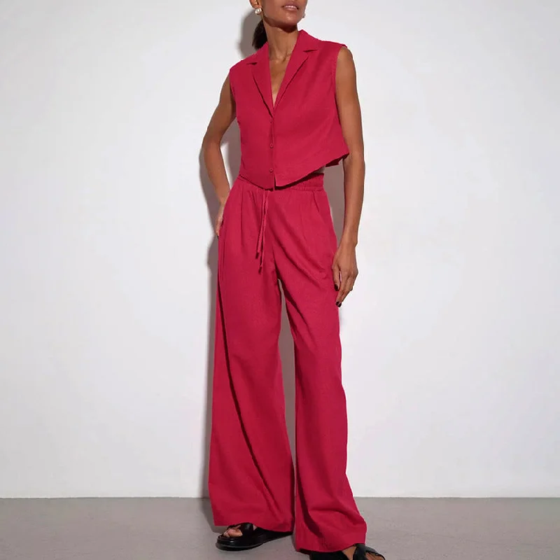 Women's High Waist Wide Leg Pants and Sleeveless Button-Up Vest Outfit Set Modern Skinny Pants