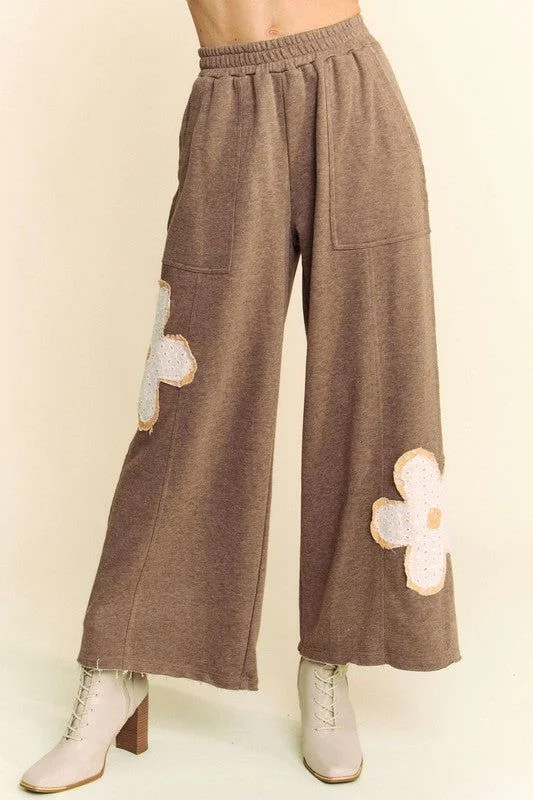 Davi & Dani Flower Patch Elastic Waist Wide Leg Pants Formal Wide-Leg Pants